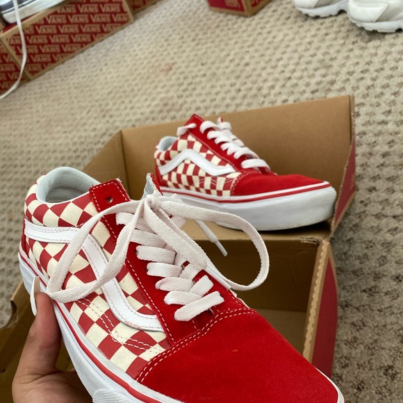 red checkerboard vans
